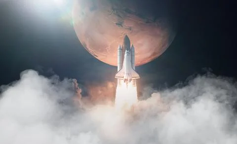 Space Shuttle takes off to mars. Elements of this image furnished by NASA. Stock Photos