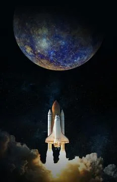 Space Shuttle takes off to Mercury. Elements of this image furnished by NASA. Stock Photos
