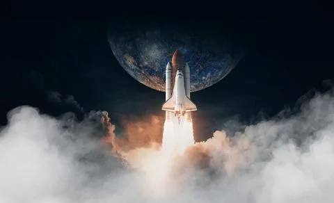 Space Shuttle takes off to mercury. Elements of this image furnished by NASA. Stock Photos