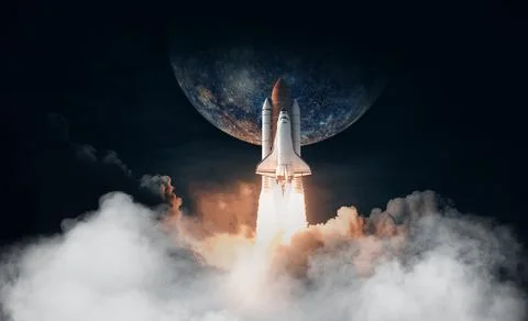 Space Shuttle takes off to mercury. Elements of this image furnished by NASA. Stock Photos