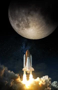 Space Shuttle takes off to the moon. Elements of this image furnished by NASA Stock Photos