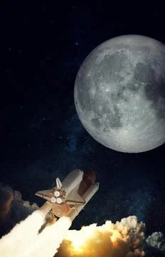 Space Shuttle takes off to the moon. Elements of this image furnished by NASA Stock Photos