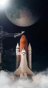 Space Shuttle takes off to moon. Elements of this image furnished by NASA. Stock Photos