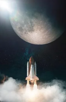 Space Shuttle takes off to moon. Elements of this image furnished by NASA. Stock Photos