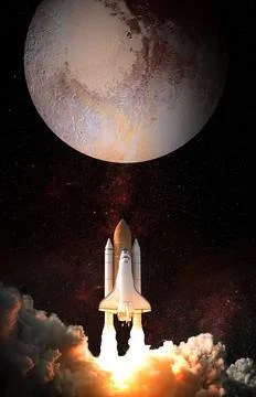 Space Shuttle takes off to Pluto. Elements of this image furnished by NASA. Stock Photos