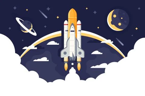Space shuttle takes off, rocket from earth into space and flights among stars. Stock Illustration