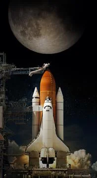 Space Shuttle takes off into space. Elements of this image furnished by NASA. Stock Photos