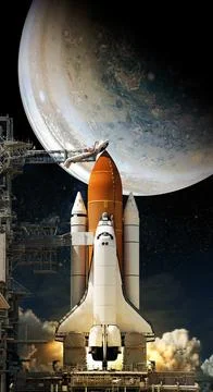 Space Shuttle takes off into space on jupiter background. Elements of this im Stock Photos