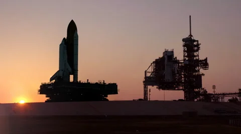 The Space Shuttle travels on the crawler to the launchpad at Cape Canaveral. Stock Footage