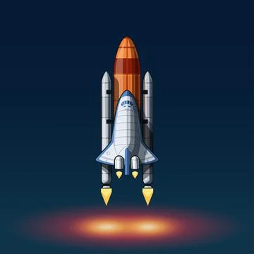 Space shuttle with working engines on blue Stock Illustration