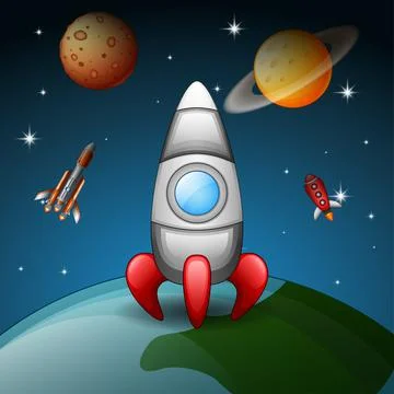 Space shuttles and rocket flying in near planet Stock Illustration
