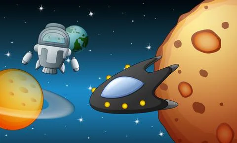 Space shuttles and rocket flying in near planet Stock Illustration