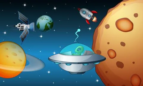 Space shuttles and rocket flying in near planet Stock Illustration