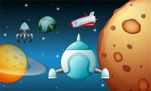 Space shuttles and rocket flying in near planet Stock Illustration