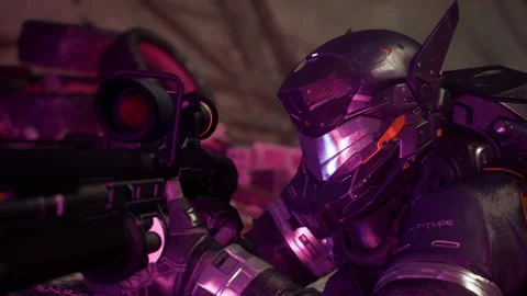 Space Sniper Operates in AI Robot Camp Amid Explosions Vidéo 155869580