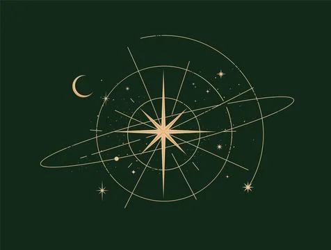 Space solar system diagram with central star and planets green Иллюстрация