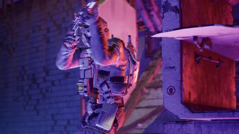 Space Soldier Under Fire: Tactical Communication in Action Stock Footage 156194867