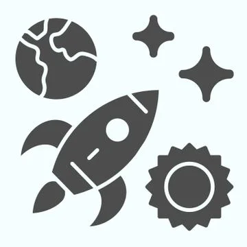 Space solid icon. Universe with rocket, sun, planet and stars. Outer space Ilustración de archivo