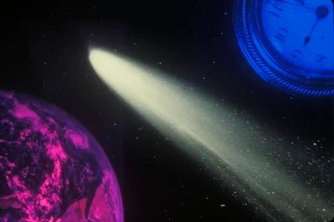 Space special effects composite with Earth, comet and clock representing Time Stock Photos
