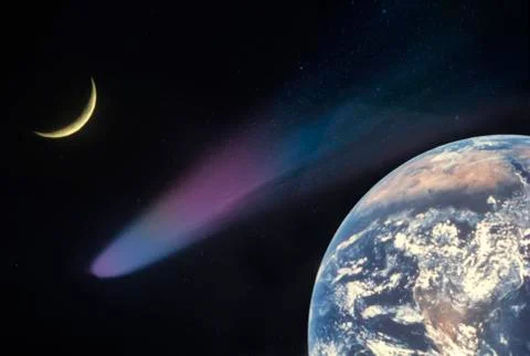 Space special effects composite with Earth, comet and crescent moon Fotos Stock