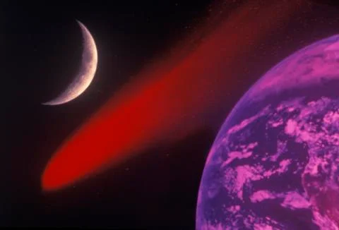 Space special effects composite with Earth, comet and crescent moon Fotos Stock