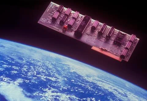 Space special effects composite of Earth and computer memory chip in space 스톡 사진