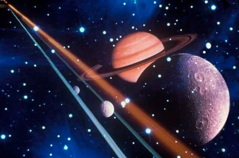 Space special effects composite with moons, Saturn, stars and laser light Stock Photos