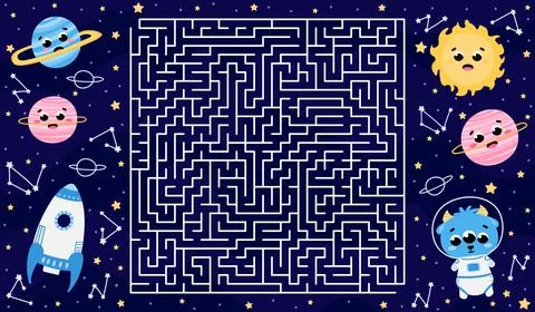 Space square labyrinth game with cute planets and sun, alien astronaut and fl Stock Illustration