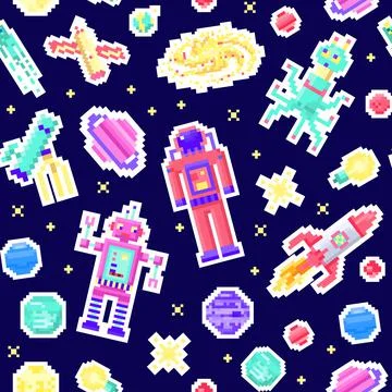 Space stars Seamless pattern. Alien spaceman, robot rocket and satellite cubes Stockillustratie
