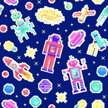 Space stars Seamless pattern. Alien spaceman, robot rocket and satellite cubes Stock Illustration
