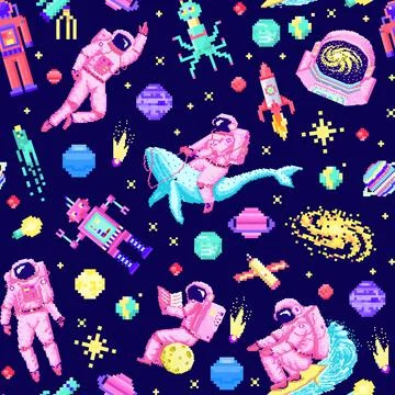 Space stars Seamless pattern. Alien spaceman, robot rocket and satellite cubes Stock Illustration
