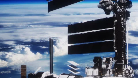 Space station above Earth with clouds and blue sky view Stock Footage 344129511