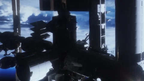 Space station above the Earth with clouds and sunlight in background Stock Footage 344397426