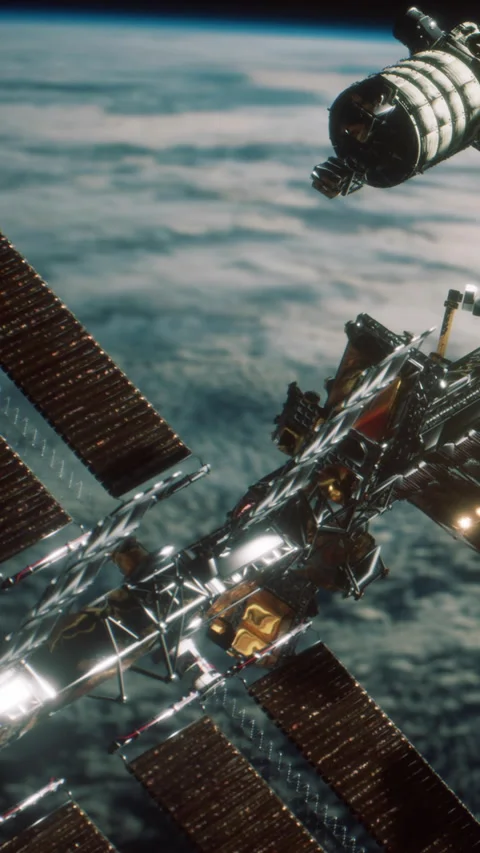 Space station above Earth with modules and solar panels seen from orbit Stock Footage 344961995