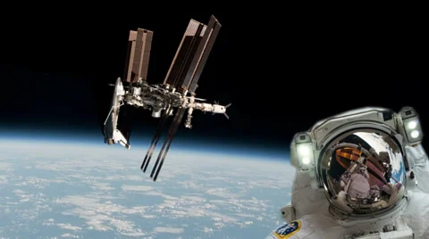 Space Station and Shuttle with Astronaut by Earth, 4K Stock Footage 36212261