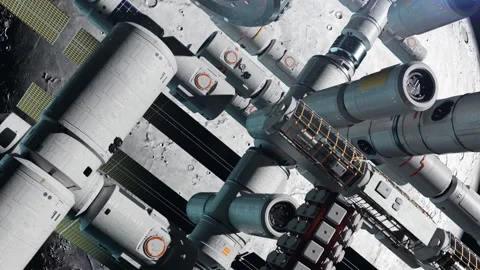 The space station is approaching the moon at high speed . the concept of expl Stock Footage 221240148