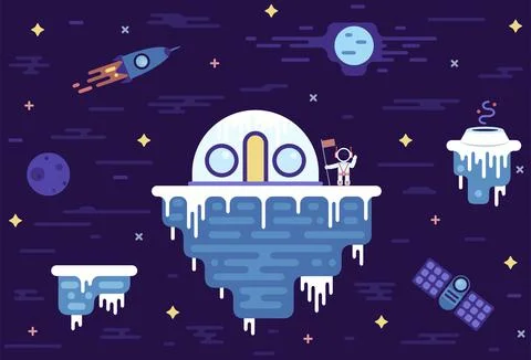 Space station on an asteroid, astronaut with a flag near spherical house Stock Illustration