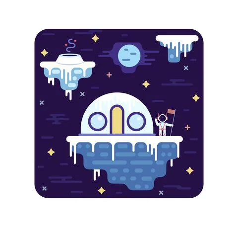 Space station on an asteroid, astronaut with a flag near spherical house Illustrazione stock