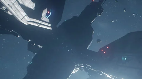 Space station with asteroids in background and structures illuminated Stock Footage 345043237