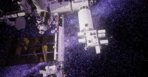 Space station conducting experiments in Earths orbit against a starry backdro Stock Illustration