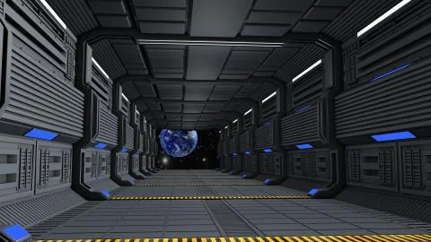 Space station corridor and spacewalk. 3D rendering 스톡 일러스트