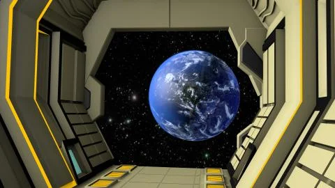 Space station corridor and spacewalk. 3D rendering 스톡 일러스트