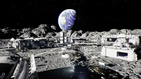 Space station defenses. Lunar facility equipped with sensors and barriers Stock Footage 330071985