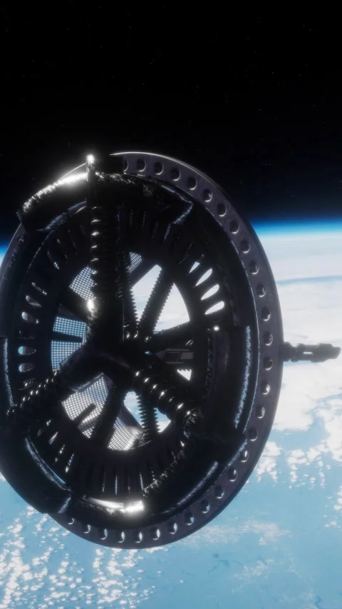 Space station in Earths orbit with bright blue planet below Stock Footage 344963693