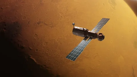 Space Station flies in orbit planet Mars Video stock 242783408