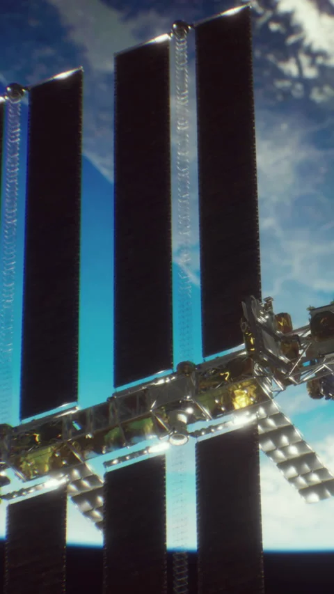 Space station floats in low Earth orbit above the surface of the planet Stock Footage 344963204