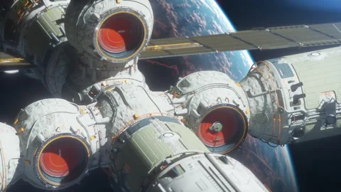 A space station is flying in space against the background of a planet engulfe Stock Footage 262020977