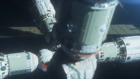 A space station is flying in space against the background of a planet engulfe Video stock 262020984