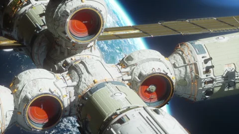 The space station is flying in space against the background of an exoplanet Video stock 262020994