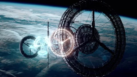 Space Station in front of earth scanning futuristic style Stock Footage 145185339